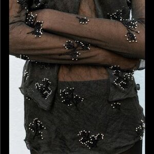 NWOT Zara Semi-Sheer Wrinkle Effect Beaded Top